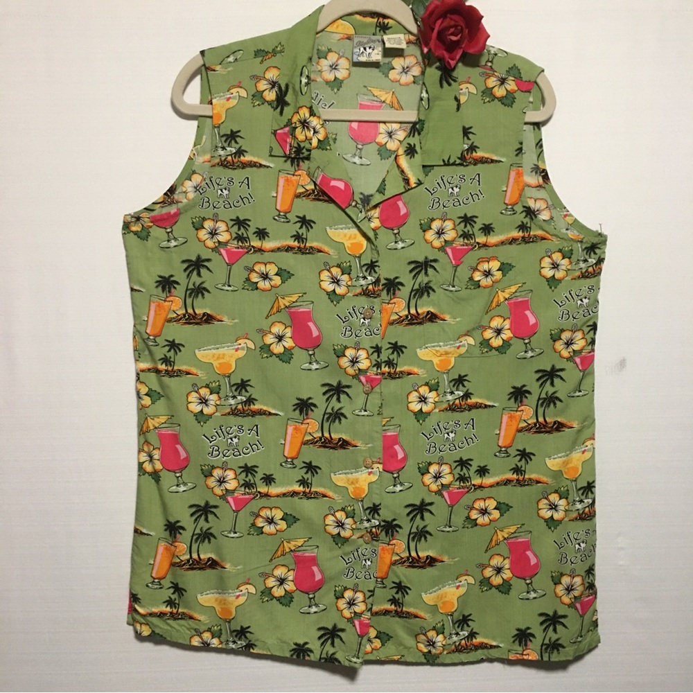 Tropical button up sleeveless shirt martini glasses Life Is A Beach Top BIG DOGS